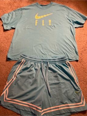 Nike Light Blue 'FLY' Tee and Shorts Set with Yellow Swoosh XL